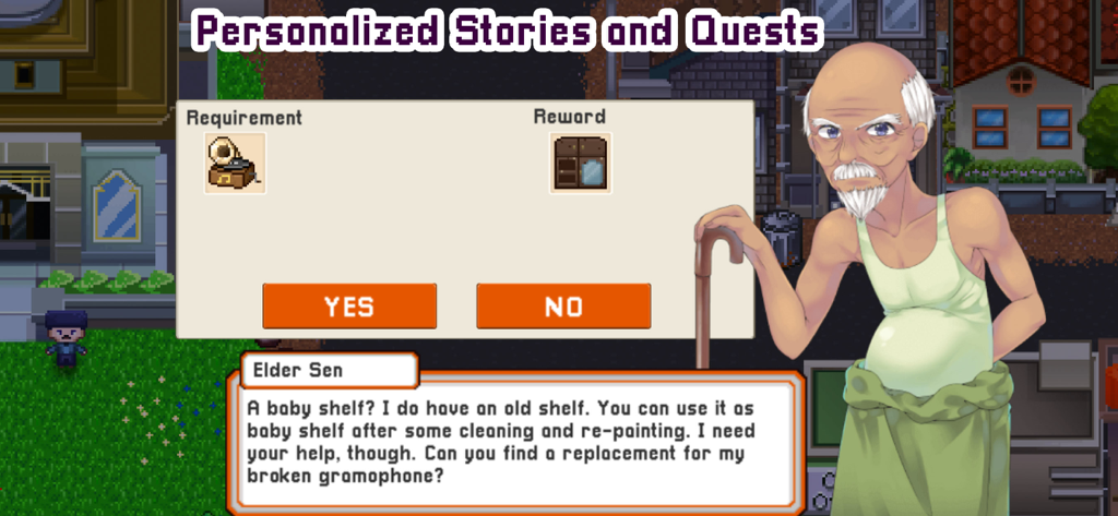 Citampi Stories: Love and Life - A pixel art dialogue screen in Citampi Stories showing a quest from Elder Sen for a baby shelf replacement
