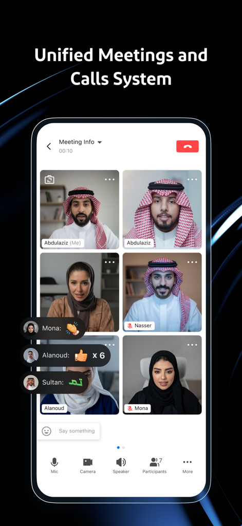Beem: One Platform for Work - Interface da aplicação Beem mostrando uma reunião de vídeo em grupo com vários participantes e reações em tempo real num smartphone