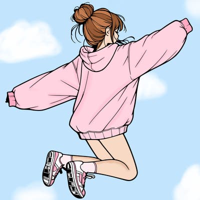realistic girl jumping with a bun and oversized sweatshirt