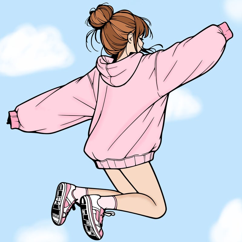 realistic girl jumping with a bun and oversized sweatshirt