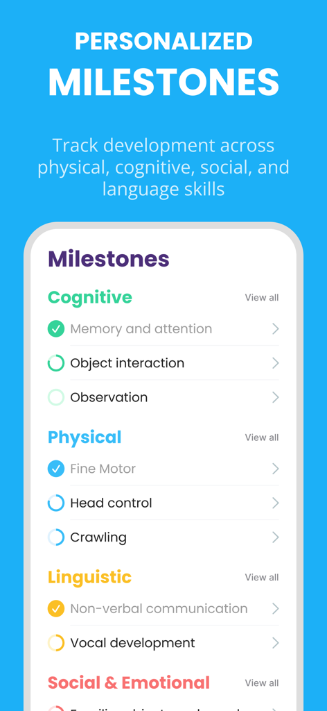 Baby Leap: Milestone Tracker - Personalized milestone categories for baby development tracking in the Baby Leap app