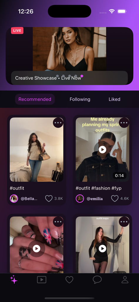 Zynel app recommended feed displaying a grid of short videos and a live creative showcase banner