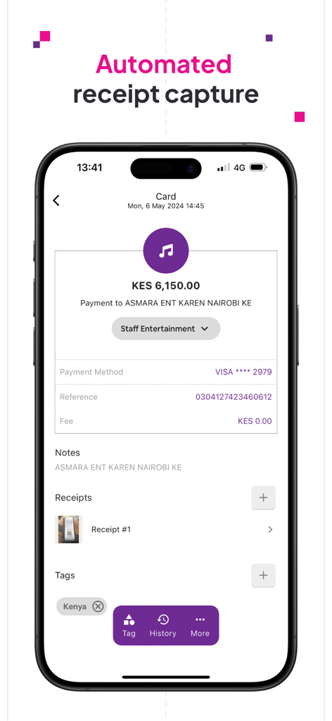 Boya - Pantalla de la aplicación móvil Boya que muestra la captura automática de recibos para una transacción de gasto empresarial