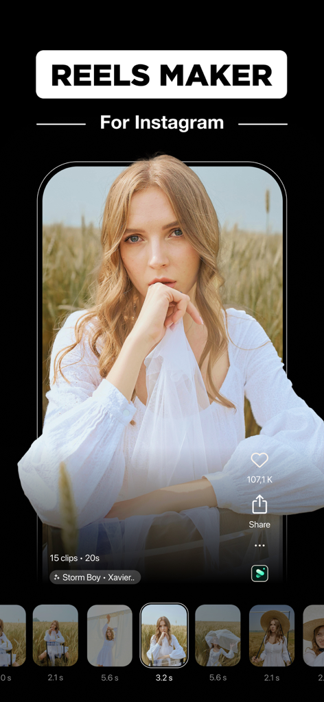 Reels Maker・Video Templates - Interface do aplicativo Reels Maker mostrando um modelo de vídeo estético para Instagram com uma mulher em um campo