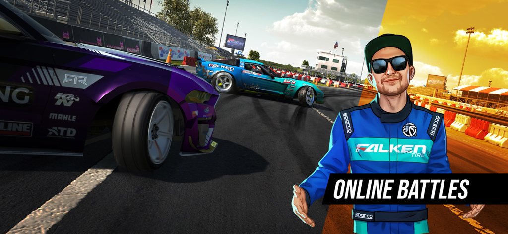 Torque Drift - Dos coches de drift corriendo en una pista con un piloto profesional ilustrado y el texto 'Online Battles'.