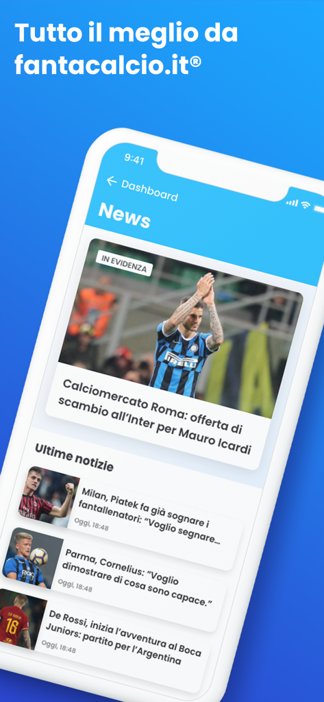 Smartphone screen showing the news feed of the Fantacalcio app with Italian soccer headlines and player photos.