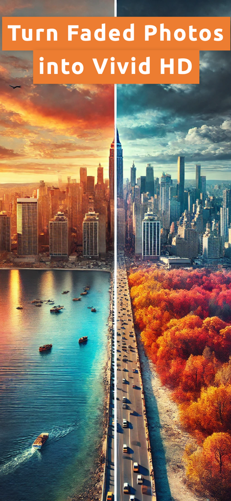 色あせた都市の風景が鮮やかな高解像度写真に変換された分割画面比較。