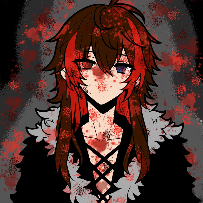 anime guy, long white hair, a red fluffy shirt