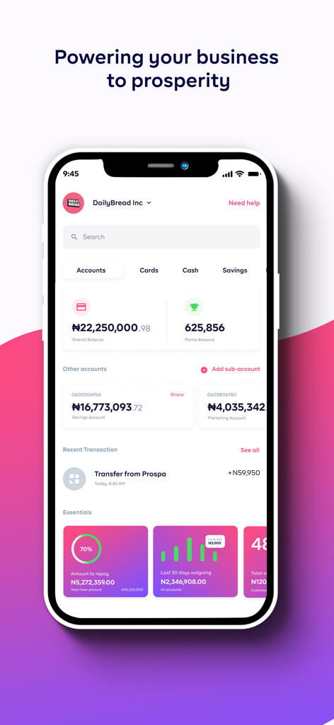 Prospa - Business Account - Painel do aplicativo móvel Prospa exibindo saldos de contas empresariais em Naira nigeriana e ferramentas de gerenciamento financeiro.