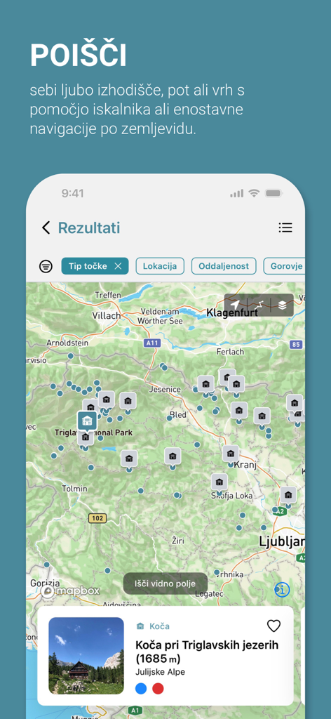 APPEAK - A map interface in the APPEAK app showing hiking trails and mountain peaks