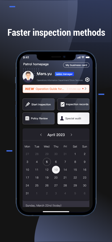BYD Smart Operations - BYD Smart Operations patrol homepage featuring inspection buttons and a monthly calendar schedule