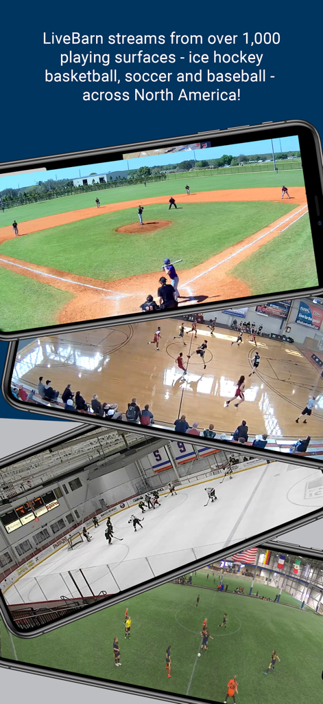 LiveBarn - Quatro telas de celular exibindo streams ao vivo de jogos juvenis de beisebol, basquete, hóquei e futebol