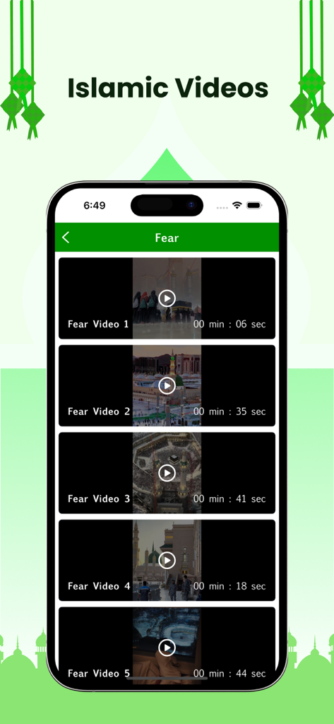 ‎Le Coran en Français - イスラム教関連の動画リストを表示するフランス語版コーランモバイルアプリのインターフェース