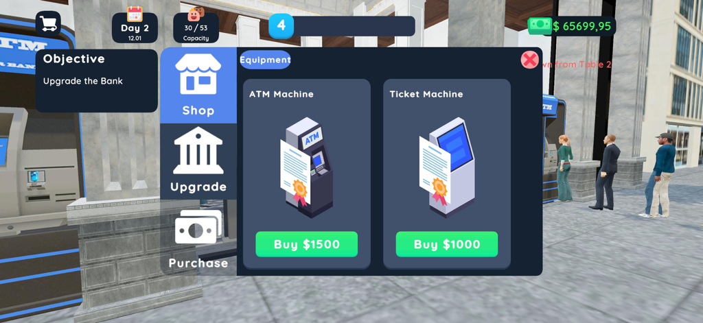 Menu da loja no jogo em Bank Manager Simulator 3D mostrando opções para comprar um caixa eletrônico ou uma máquina de bilhetes