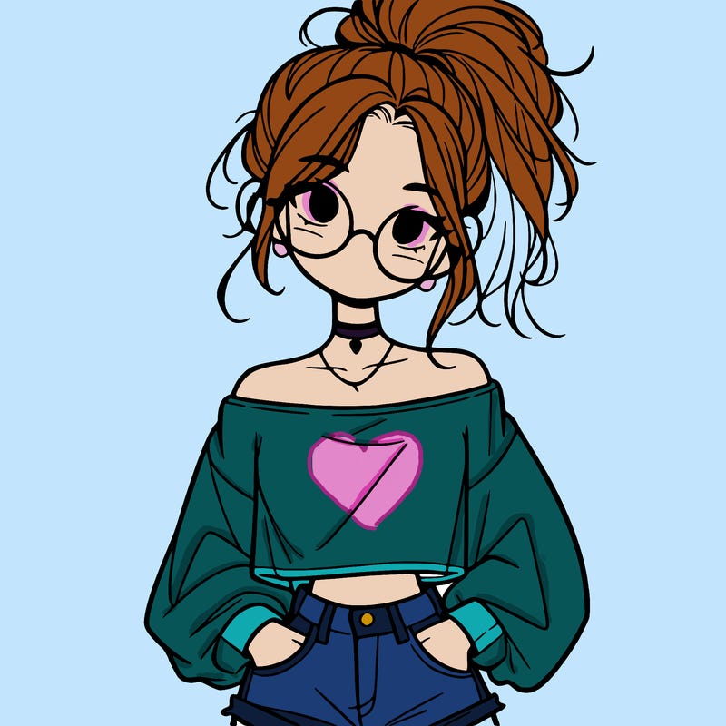 girl with a messy ponytail glasses a baggy crop top and jean shorts