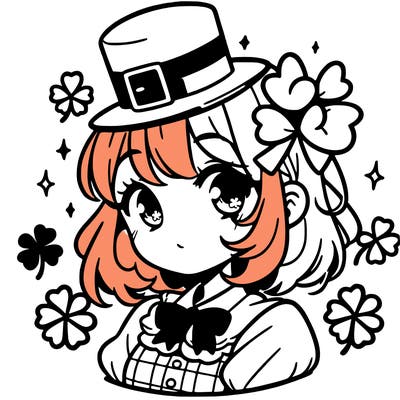 a manga-style girl with clovers around her, a little hat in her hair, like it's saint patrick's day