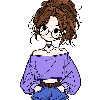 girl with a messy ponytail glasses a baggy crop top and jean shorts