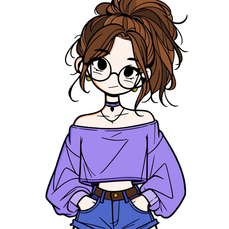 girl with a messy ponytail glasses a baggy crop top and jean shorts