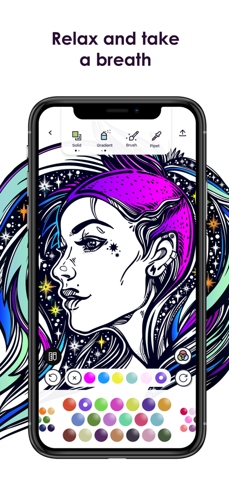 MyColorful - Coloring Book - Digital adult coloring book interface with a portrait illustration and color selection tools