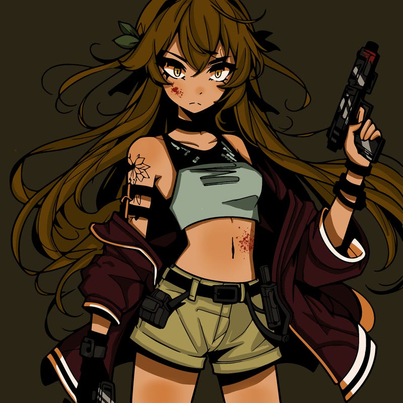bad girl wearing crop top holding a gun long hair anime