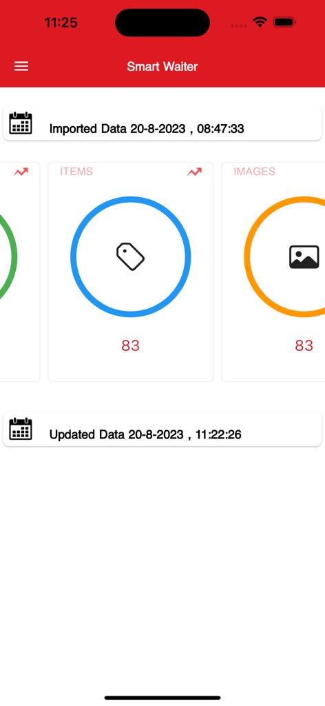 Phenix Smart Waiter app dashboard showing synchronized items and images counts