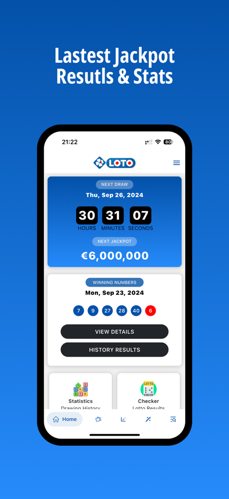 French LOTO - French LOTO app dashboard displaying the next jackpot amount and recent winning numbers