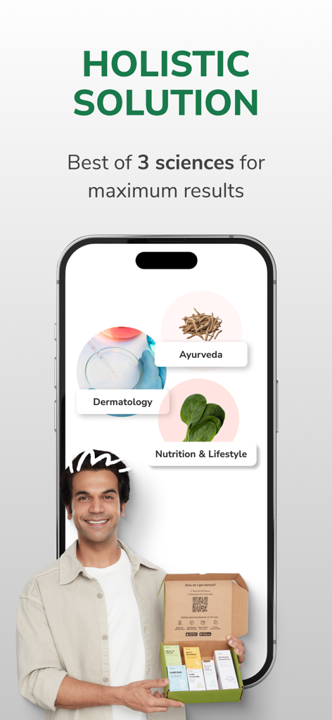 Traya app interface showing a holistic hair loss solution combining dermatology ayurveda and nutrition lifestyle