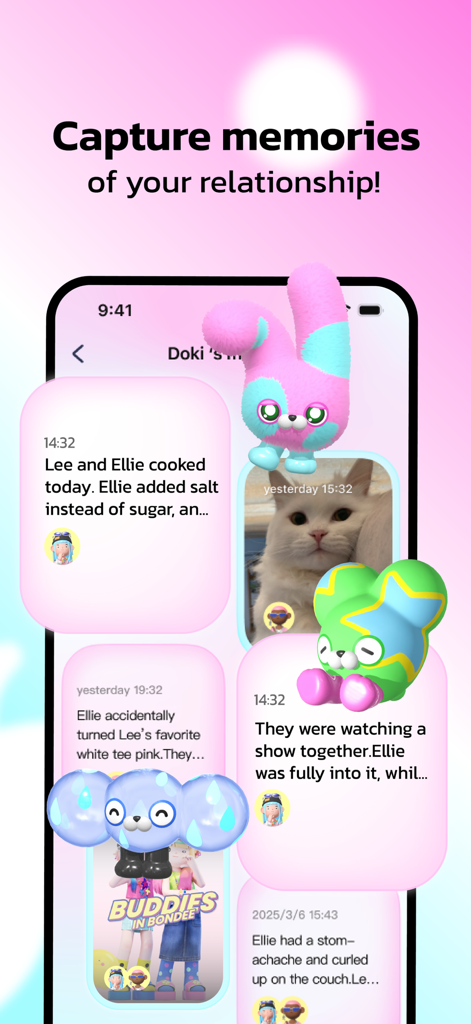 DokiDoki-Couple's Pet - Mobile app interface displaying relationship memories with cute fluffy pets