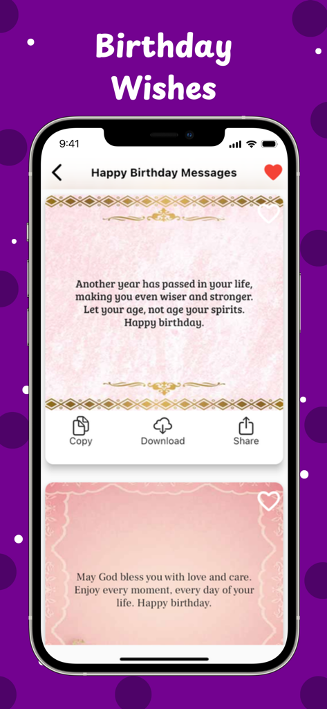 Birthday Wishes, Text Messages - Interfaz de la aplicación Deseos de Cumpleaños mostrando tarjetas de felicitación sentimentales y opciones para compartir en un smartphone.