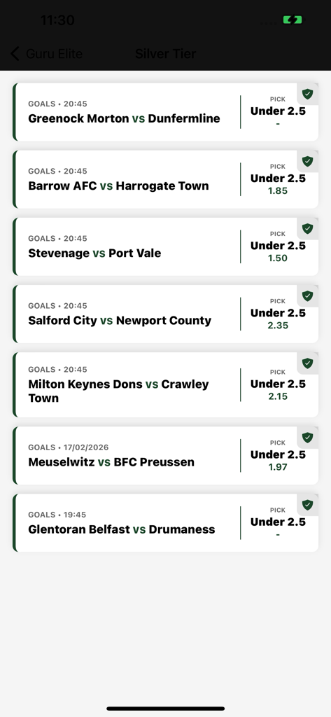 BetGuru: Football Betting Tips - Una lista de consejos de apuestas de fútbol de Nivel Plata para menos de 2,5 goles en la aplicación BetGuru