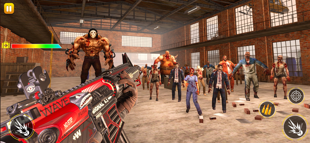 Zombie Games : Survival Games - Perspectiva en primera persona de un juego de disparos de zombis con un arma roja y múltiples enemigos no muertos