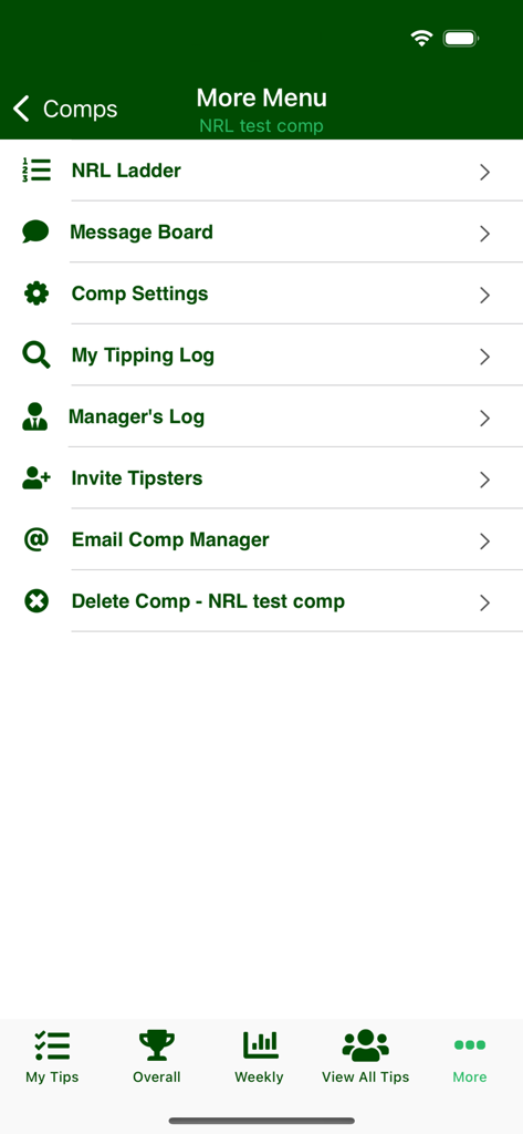 iTipFooty - The More Menu interface of the iTipFooty app showing management and social options for a sports tipping competition.