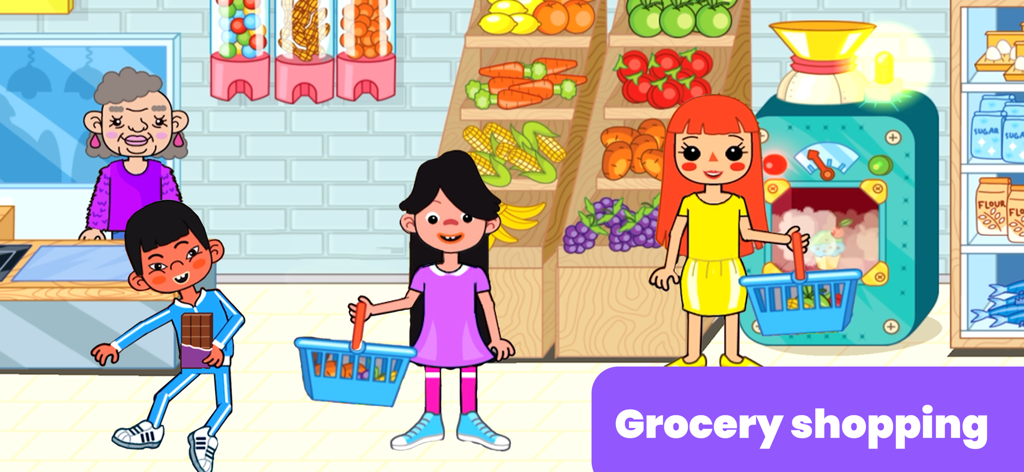 Kids characters roleplaying grocery shopping in a colorful supermarket scene
