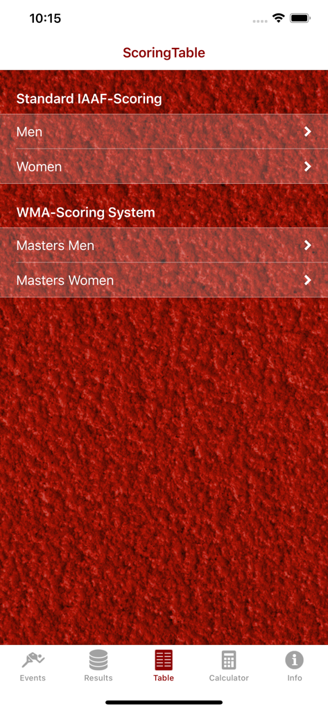 Athletics Score Calculator - Athletics Score Calculator app showing IAAF and WMA scoring options for athletes and masters