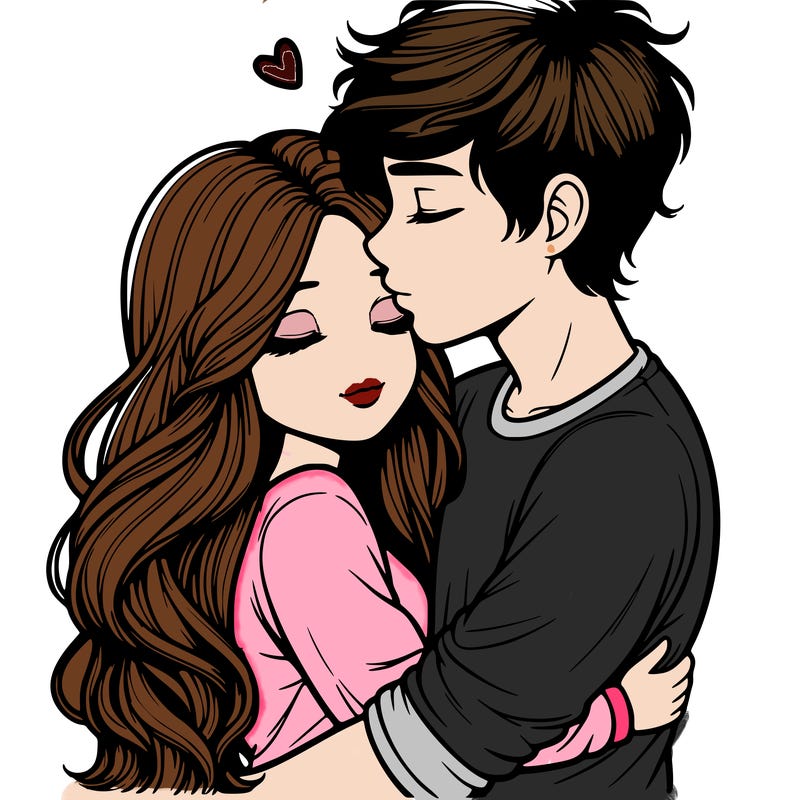a realistic couple boy and girl hugging and kissing