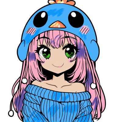 anime girl with chick shaped hat with sweater with bare shoulders with bangs covering them one eye with low tail