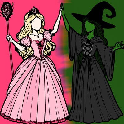 detailed realistic split of a princess and a witch