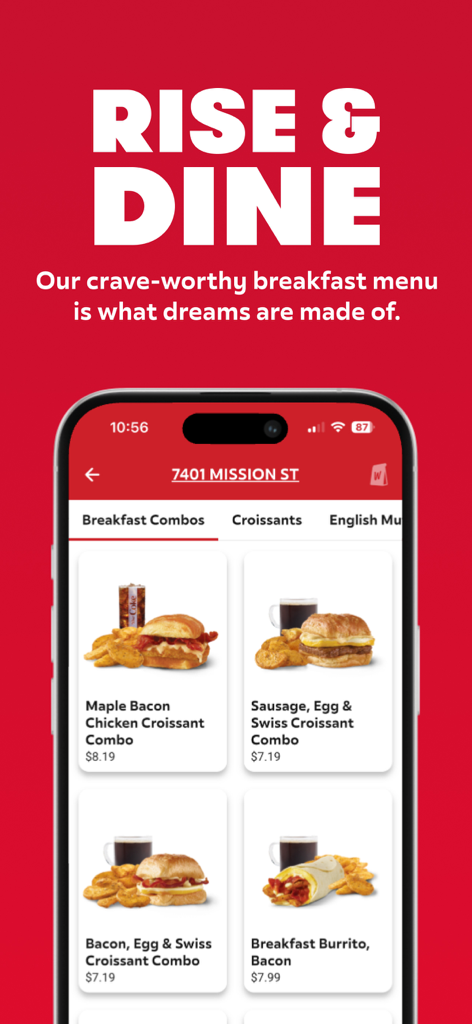 Wendy’s - Pantalla de la app móvil de Wendy's mostrando opciones de combos de desayuno como croissants y burritos.