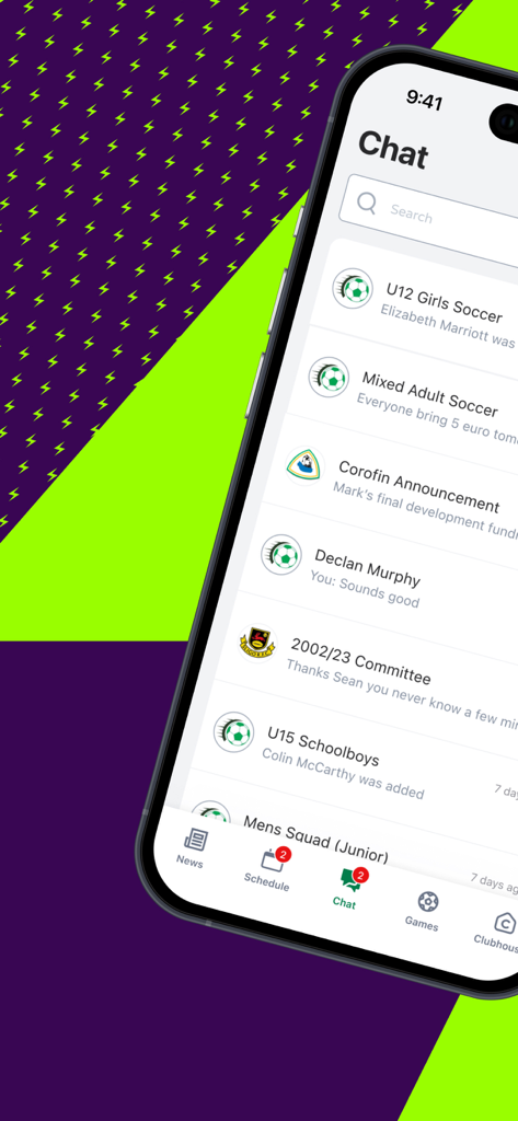 ClubZap - Mobile screen of ClubZap app showing a list of sports team and club committee chat groups