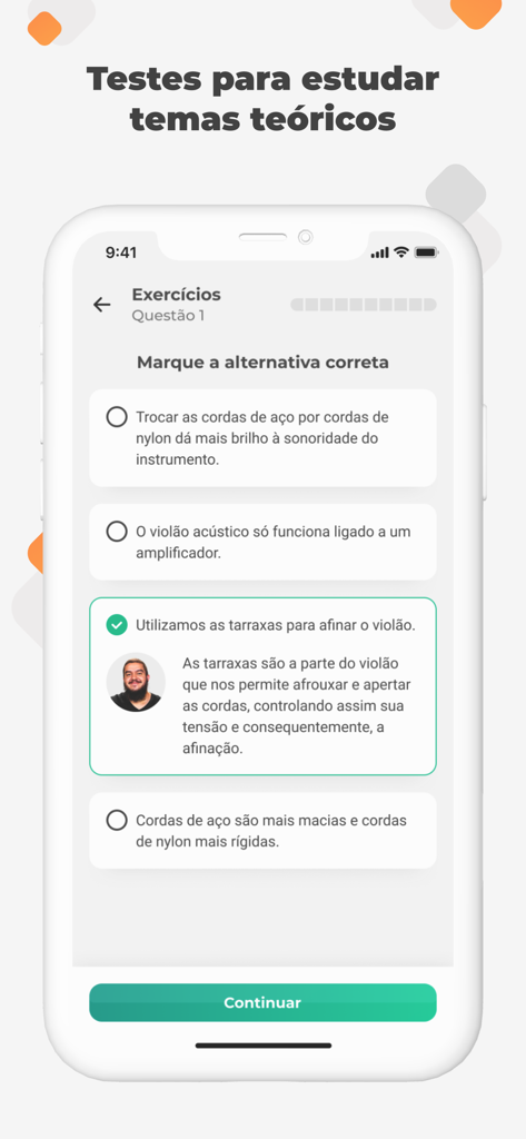 A music theory quiz screen in the Cifra Club Academy app showing a multiple choice question about guitar components.