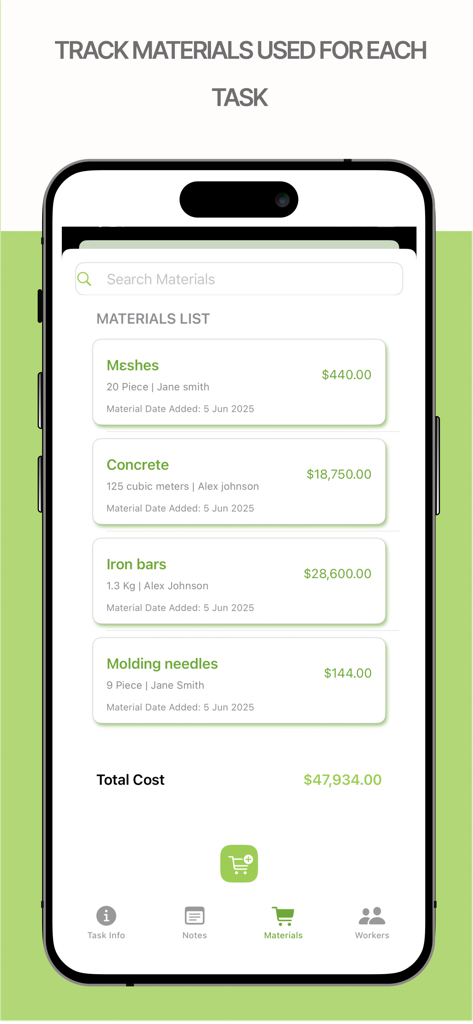 PlanoTrak - Construction App - Interfaz de la aplicación PlanoTrak en iPhone que muestra una lista de materiales de construcción con cantidades y costes totales del proyecto