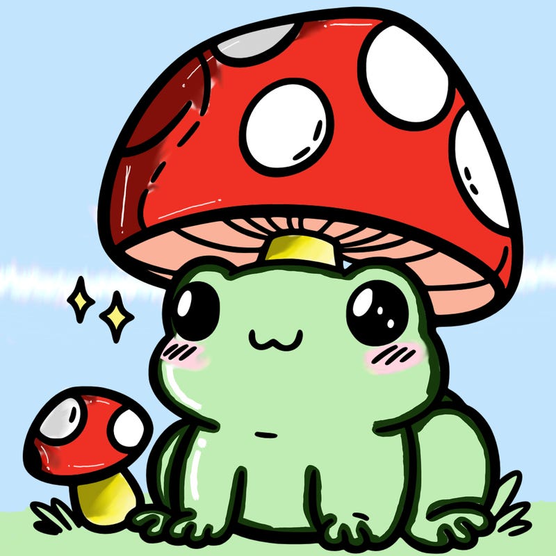 a cute frog with a mushroom hat