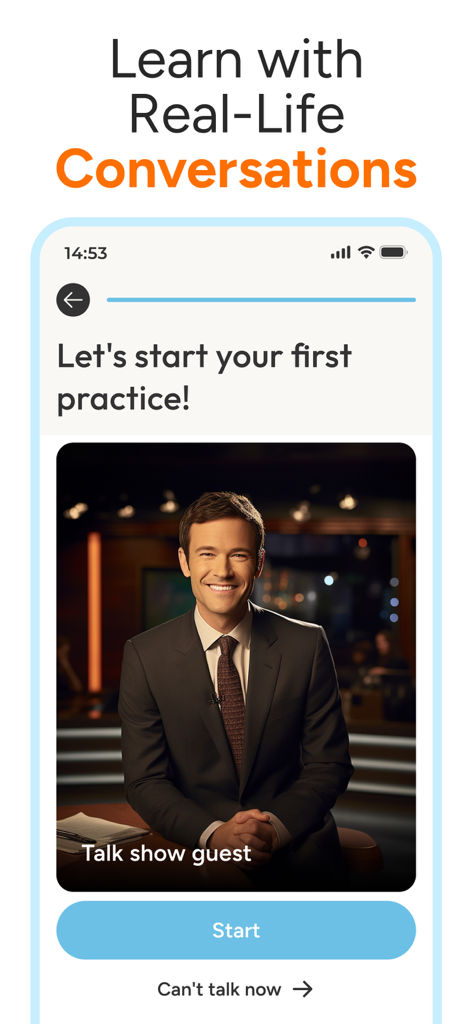 SpeakWell app interface showing a real-life conversation practice session with an AI talk show guest