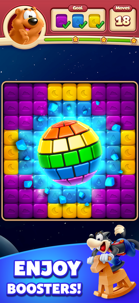 Toon Blast gameplay showing a rainbow booster effect on a puzzle board with cartoon characters.