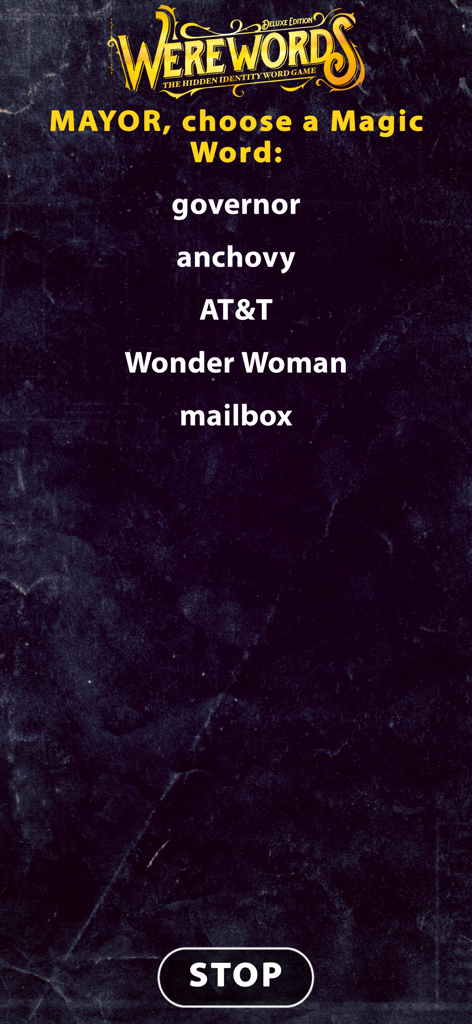 Werewordsボードゲームアプリの市長の単語選択インターフェース