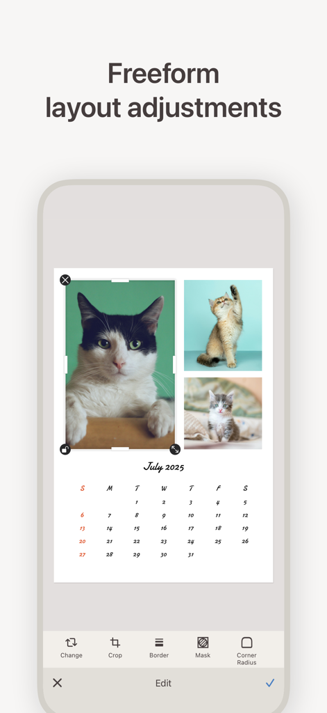 カスタム猫写真カレンダーの自由配置調整を示すCalmakerアプリのユーザーインターフェース