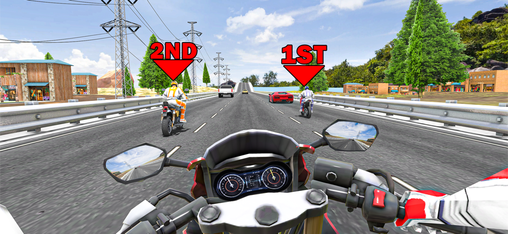 Roadway Rider Bike Racing Game - First person view of a motorcycle racing against rivals on a highway in a 3D simulator