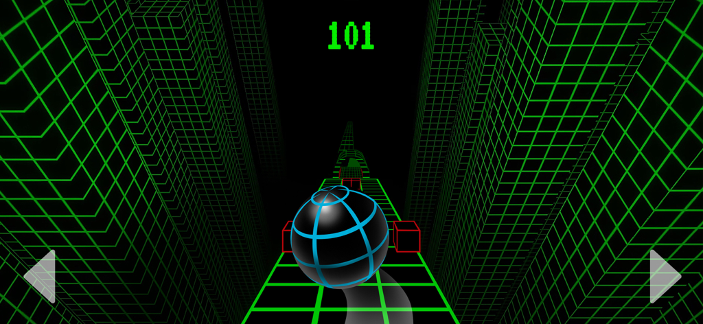 A black and blue ball rolling down a green neon grid path in Slope Game