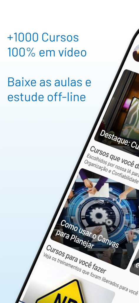 Meus Cursos Online - Meus Cursos Online app screen showcasing over 1000 video courses and offline study functionality.