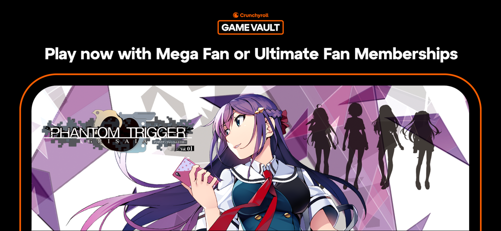 Grisaia Phantom Trigger Vol.1 - Banner promocional de Grisaia Phantom Trigger Vol 1 para la membresía Crunchyroll Game Vault con arte de personajes de anime